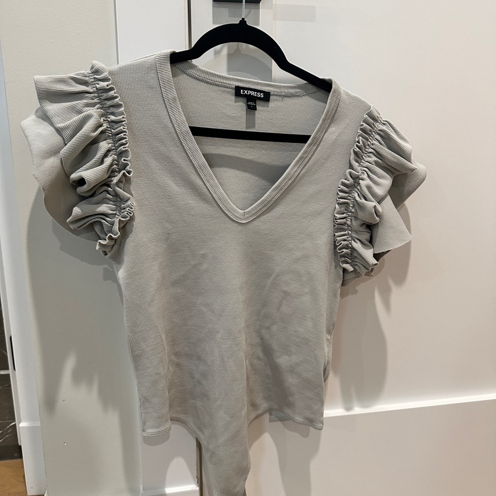 Express Sage Green Ruffled Short Sleeve Bodysuit